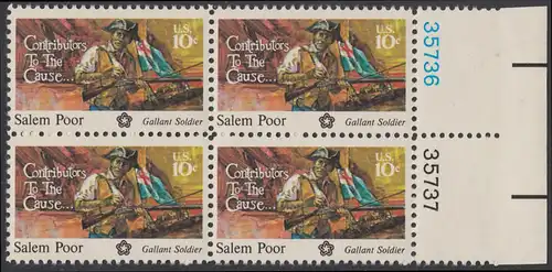 USA Michel 1167 / Scott 1560 postfrisch BLOCK RÄNDER rechts m/ Platten-# 35735 - 200 Jahre Unabhängigkeit der Vereinigten Staaten von Amerika (1976): Salem Poor (1747-1802) 
