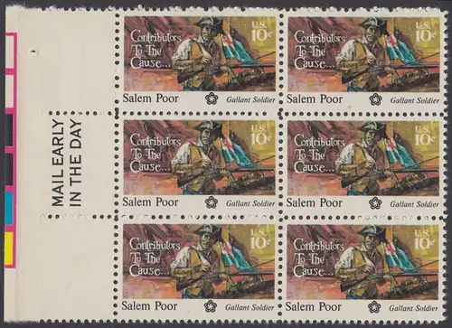 USA Michel 1167 / Scott 1560 postfrisch vert.BLOCK(6) RÄNDER links m/ Mail Early-Vermerk - 200 Jahre Unabhängigkeit der Vereinigten Staaten von Amerika (1976): Salem Poor (1747-1802) 