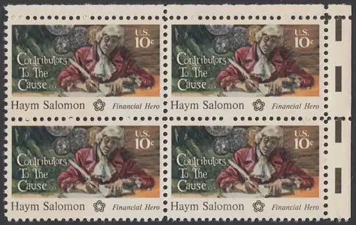 USA Michel 1168 / Scott 1561 postfrisch BLOCK ECKRAND oben rechts - 200 Jahre Unabhängigkeit der Vereinigten Staaten von Amerika (1976): Haym Salomon (1740-1795)
