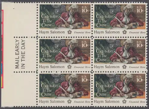 USA Michel 1168 / Scott 1561 postfrisch vert.BLOCK(6) RÄNDER links m/ Mail Early-Vermerk - 200 Jahre Unabhängigkeit der Vereinigten Staaten von Amerika (1976): Haym Salomon (1740-1795)