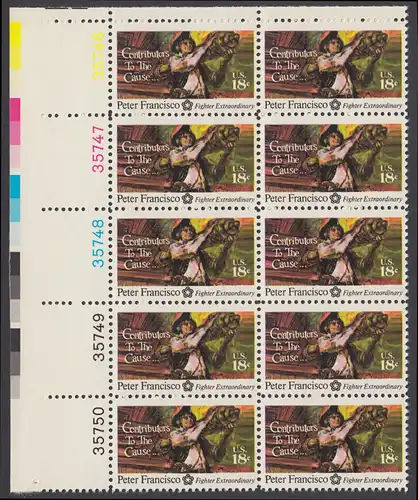 USA Michel 1169 / Scott 1562 postfrisch vert.PLATEBLOCK(10) ECKRAND oben links m/ Platten-# 35746 - 200 Jahre Unabhängigkeit der Vereinigten Staaten von Amerika (1976): Peter Francisco (1760-1831)