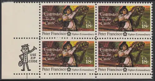 USA Michel 1169 / Scott 1562 postfrisch ZIP-BLOCK (ll) - 200 Jahre Unabhängigkeit der Vereinigten Staaten von Amerika (1976): Peter Francisco (1760-1831)
