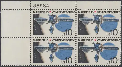 USA Michel 1170 / Scott 1557 postfrisch PLATEBLOCK ECKRAND oben links m/ Platten-# 35984 - Mariner-10-Programm zur Erforschung der Planeten Venus und Merkur