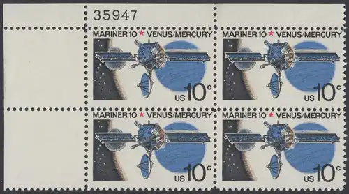 USA Michel 1170 / Scott 1557 postfrisch PLATEBLOCK ECKRAND oben links m/ Platten-# 35947 - Mariner-10-Programm zur Erforschung der Planeten Venus und Merkur