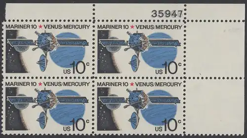 USA Michel 1170 / Scott 1557 postfrisch PLATEBLOCK ECKRAND oben rechts m/ Platten-# 35947 - Mariner-10-Programm zur Erforschung der Planeten Venus und Merkur