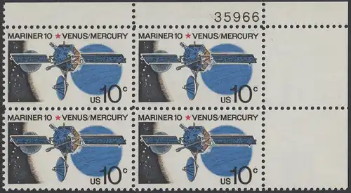 USA Michel 1170 / Scott 1557 postfrisch PLATEBLOCK ECKRAND oben rechts m/ Platten-# 35966 - Mariner-10-Programm zur Erforschung der Planeten Venus und Merkur
