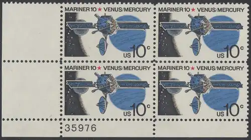 USA Michel 1170 / Scott 1557 postfrisch PLATEBLOCK ECKRAND unten links m/ Platten-# 35976 - Mariner-10-Programm zur Erforschung der Planeten Venus und Merkur