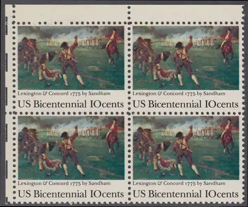 USA Michel 1171 / Scott 1563 postfrisch BLOCK ECKRAND oben links - 200 Jahre Unabhängigkeit der Vereinigten Staaten von Amerika (1976): 200. Jahrestag der Schlacht von Lexington-Concord