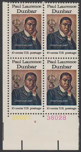 USA Michel 1172 / Scott 1554 postfrisch BLOCK ECKRAND unten links m/ Platten-# 36027 - Amerikanische Künstler: Paul Laurence Dunbar, Dichter