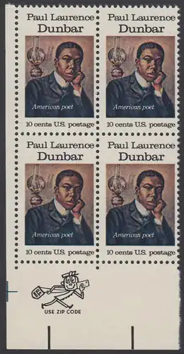 USA Michel 1172 / Scott 1554 postfrisch ZIP-BLOCK (ll) - Amerikanische Künstler: Paul Laurence Dunbar, Dichter