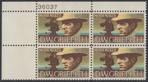 USA Michel 1173 / Scott 1555 postfrisch PLATEBLOCK ECKRAND oben links m/ Platten-# 36037 (a) - Amerikanische Künstler: David Wark Griffith, Filmregissuer und -produzent