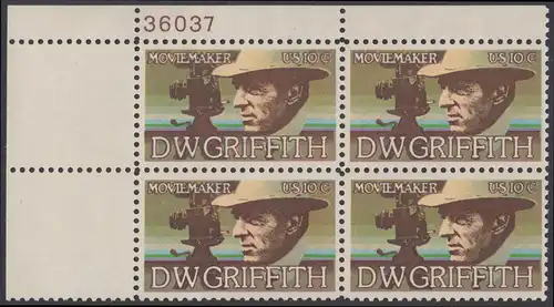 USA Michel 1173 / Scott 1555 postfrisch PLATEBLOCK ECKRAND oben links m/ Platten-# 36037 (b) - Amerikanische Künstler: David Wark Griffith, Filmregissuer und -produzent