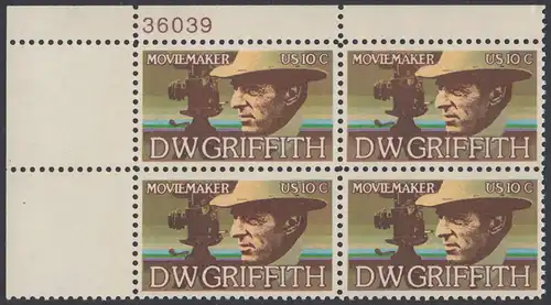 USA Michel 1173 / Scott 1555 postfrisch PLATEBLOCK ECKRAND oben links m/ Platten-# 36039 - Amerikanische Künstler: David Wark Griffith, Filmregissuer und -produzent
