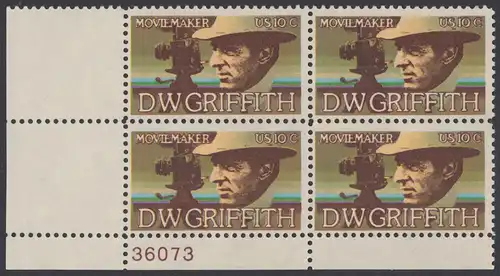 USA Michel 1173 / Scott 1555 postfrisch PLATEBLOCK ECKRAND unten links m/ Platten-# 36073 - Amerikanische Künstler: David Wark Griffith, Filmregissuer und -produzent