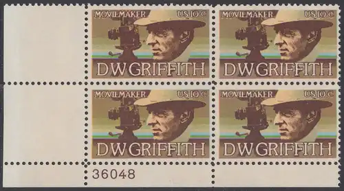 USA Michel 1173 / Scott 1555 postfrisch PLATEBLOCK ECKRAND unten links m/ Platten-# 36048 - Amerikanische Künstler: David Wark Griffith, Filmregissuer und -produzent