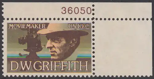 USA Michel 1173 / Scott 1555 postfrisch EINZELMRKE ECKRAND oben rechts m/ Platten-# 36050 - Amerikanische Künstler: David Wark Griffith, Filmregissuer und -produzent