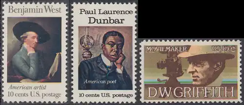 USA Michel 1163,1172+1173 / Scott 1553-1555 postfrisch SATZ(3) EINZELMARKEN - Amerikanische Künstler: Benjamin West / Paul Laurence Dunbar / David Wark Griffith