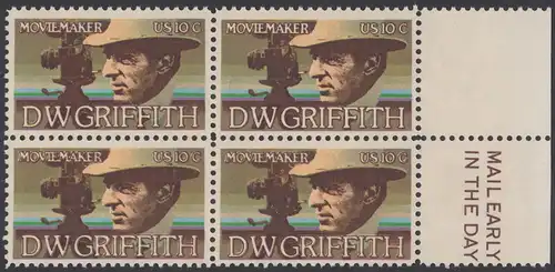 USA Michel 1173 / Scott 1555 postfrisch BLOCK RÄNDER rechts m/ MailEarly-Vermerk - Amerikanische Künstler: David Wark Griffith, Filmregisseur und -produzent