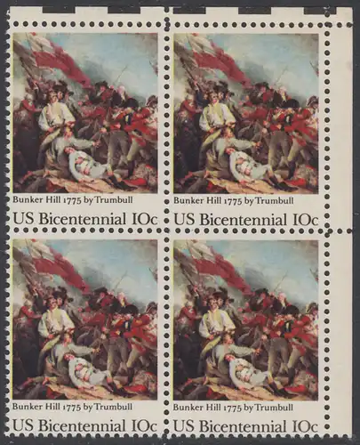 USA Michel 1174 / Scott 1564 postfrisch BLOCK ECKRAND oben rechts - 200 Jahre Unabhängigkeit der Vereinigten Staaten von Amerika (1976): 200. Jahrestag der Schlacht von Bunker Hill