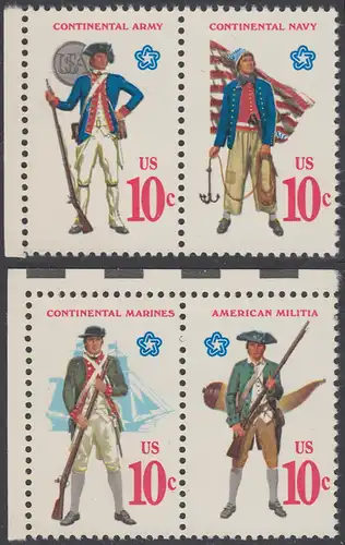 USA Michel 1175-1178 / Scott 1565-1568 postfrisch SATZ(4) EINZELMARKEN - 200 Jahre Unabhängigkeit der Vereinigten Staaten von Amerika (1976): Militäruniformen (Marineinfanterie / Bürgerwehr / Heer / Seestreitkräfte)