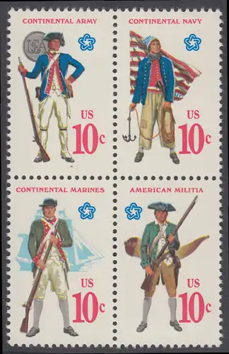 USA Michel 1175-1178 / Scott 1565-1568 postfrisch BLOCK - 200 Jahre Unabhängigkeit der Vereinigten Staaten von Amerika (1976): Militäruniformen (Marineinfanterie / Bürgerwehr / Heer / Seestreitkräfte)