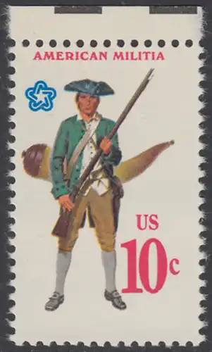 USA Michel 1178 / Scott 1568 postfrisch EINZELMARKE RAND oben - 200 Jahre Unabhängigkeit der Vereinigten Staaten von Amerika (1976): Militäruniformen (Bürgerwehr)
