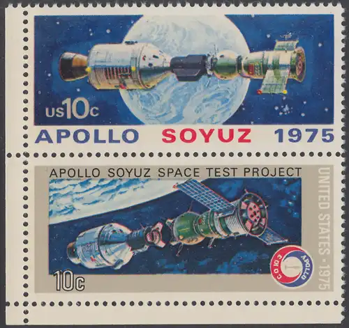 USA Michel 1179-1180 / Scott 1569-1570 postfrisch vert.PAAR ECKRAND unten links - Amerikanisch-sowjetisches Raumfahrt-Unternehmen Apollo-Sojus
