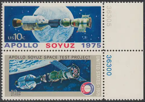 USA Michel 1179-1180 / Scott 1569-1570 postfrisch vert.PAAR RÄNDER rechts m/ Platten-# 36305 - Amerikanisch-sowjetisches Raumfahrt-Unternehmen Apollo-Sojus