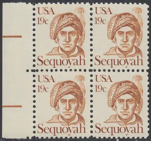 USA Michel 1452 / Scott 1859 postfrisch BLOCK RÄNDER links - Amerikanische Persönlichkeiten: Cherokee-Indianer Sequoyah (1770-1843); Erfinder des Cherokee-Alphabets