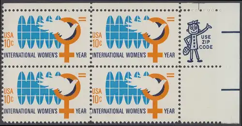 USA Michel 1181 / Scott 1571 postfrisch ZIP-BLOCK (ur) - Internationales Jahr der Frau; Weltkugel, Friedenstaube, biologisches Zeichen für weiblich