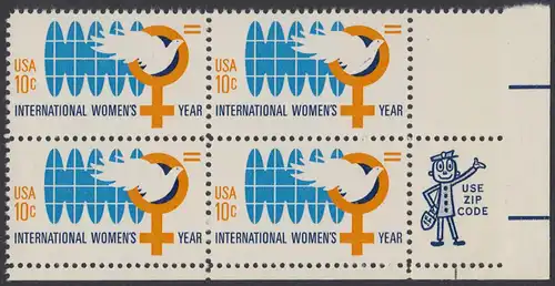 USA Michel 1181 / Scott 1571 postfrisch ZIP-BLOCK (lr) - Internationales Jahr der Frau; Weltkugel, Friedenstaube, biologisches Zeichen für weiblich