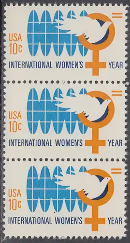 USA Michel 1181 / Scott 1571 postfrisch vert.STRIP(3) - Internationales Jahr der Frau; Weltkugel, Friedenstaube, biologisches Zeichen für weiblich