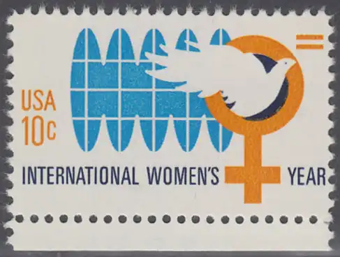 USA Michel 1181 / Scott 1571 postfrisch EINZELMARKE RAND unten - Internationales Jahr der Frau; Weltkugel, Friedenstaube, biologisches Zeichen für weiblich