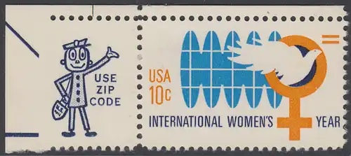 USA Michel 1181 / Scott 1571 postfrisch EINZELMARKE ECKRAND oben línks m/ ZIP-Emblem - Internationales Jahr der Frau; Weltkugel, Friedenstaube, biologisches Zeichen für weiblich