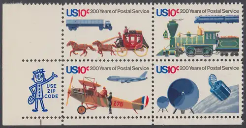 USA Michel 1182-1185 / Scott 1572-1575 postfrisch ZIP-BLOCK (ll) - 200 Jahre Postwesen in den USA