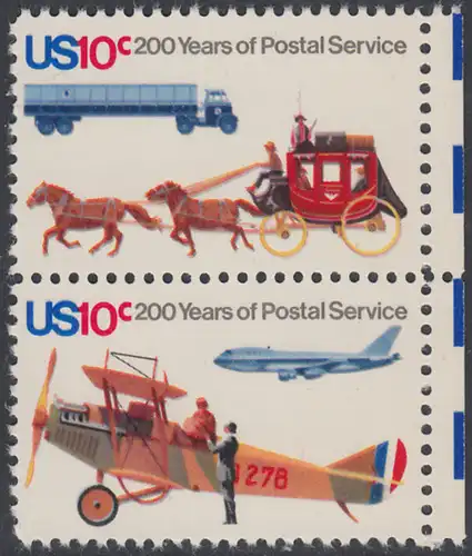 USA Michel 1183+1185 / Scott 1573+1574 postfrisch vert.PAAR RÄNDER rechts - 200 Jahre Postwesen in den USA