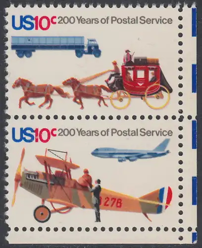 USA Michel 1183+1185 / Scott 1573+1574 postfrisch vert.PAAR ECKRAND unten rechts - 200 Jahre Postwesen in den USA