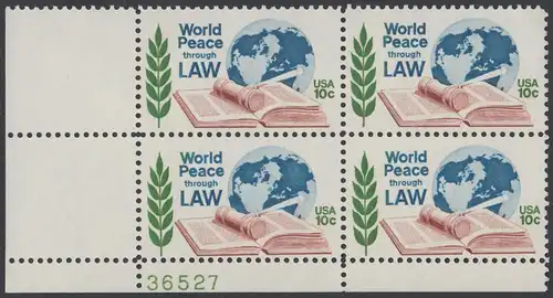 USA Michel 1186 / Scott 1576 postfrisch PLATEBLOCK ECKRAND unten links m/ Platten-# 36527 - Juristenkongress in Washington, DC; Gesetzbuch und Hammer vor Erdkugel