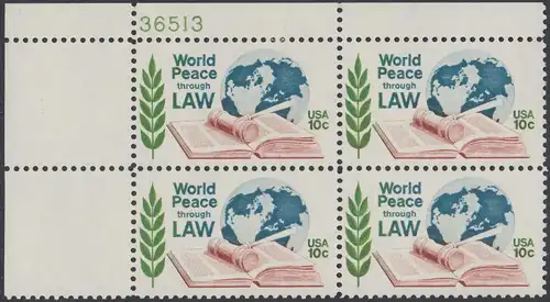 USA Michel 1186 / Scott 1576 postfrisch PLATEBLOCK ECKRAND oben links m/ Platten-# 36513 - Juristenkongress in Washington, DC; Gesetzbuch und Hammer vor Erdkugel