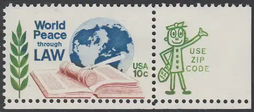 USA Michel 1186 / Scott 1576 postfrisch EINZELMARKE ECKRAND unten rechts m/ ZIP-Emblem - Juristenkongress in Washington, DC; Gesetzbuch und Hammer vor Erdkugel