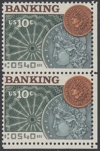 USA Michel 1187 / Scott 1577 postfrisch vert.PAAR ECKRAND unten rechts - Amerikanischer Bankverein; Münzen vor Banknotenrosette