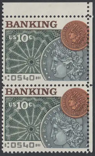 USA Michel 1187 / Scott 1577 postfrisch vert.PAAR ECKRAND oben rechts - Amerikanischer Bankverein; Münzen vor Banknotenrosette