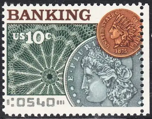 USA Michel 1187 / Scott 1577 postfrisch EINZELMARKE RAND rechts (a1) - Amerikanischer Bankverein; Münzen vor Banknotenrosette