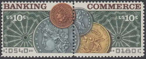 USA Michel 1187-1188 / Scott 1577-1578 postfrisch horiz.PAAR - Amerikanischer Bankverein; Münzen vor Banknotenrosette