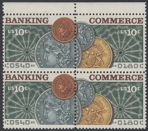 USA Michel 1187-1188 / Scott 1577-1578 postfrisch BLOCK RÄNDER oben - Amerikanischer Bankverein; Münzen vor Banknotenrosette