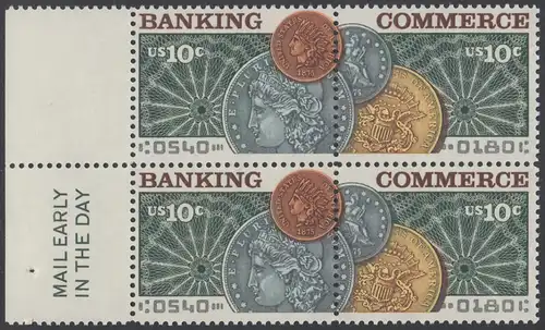 USA Michel 1187-1188 / Scott 1577-1578 postfrisch BLOCK RÄNDER links m/ Mail Early-Vermerk - Amerikanischer Bankverein; Münzen vor Banknotenrosette