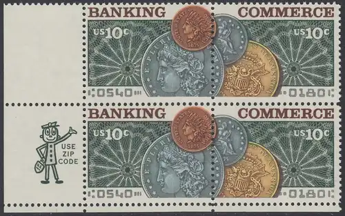 USA Michel 1187-1188 / Scott 1577-1578 postfrisch ZIP-BLOCK (ll) - Amerikanischer Bankverein; Münzen vor Banknotenrosette