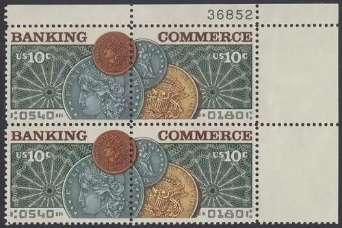 USA Michel 1187-1188 / Scott 1577-1578 postfrisch PLATEBLOCK ECKRAND oben rechts m/ Platten-# 36852 - Amerikanischer Bankverein; Münzen vor Banknotenrosette