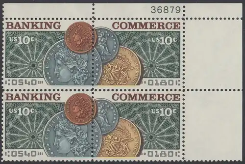 USA Michel 1187-1188 / Scott 1577-1578 postfrisch PLATEBLOCK ECKRAND oben rechts m/ Platten-# 36879 - Amerikanischer Bankverein; Münzen vor Banknotenrosette