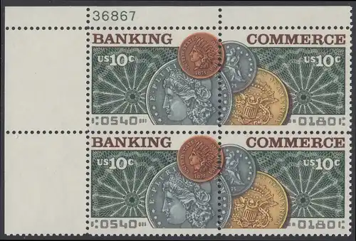 USA Michel 1187-1188 / Scott 1577-1578 postfrisch PLATEBLOCK ECKRAND oben links m/ Platten-# 36867 - Amerikanischer Bankverein; Münzen vor Banknotenrosette